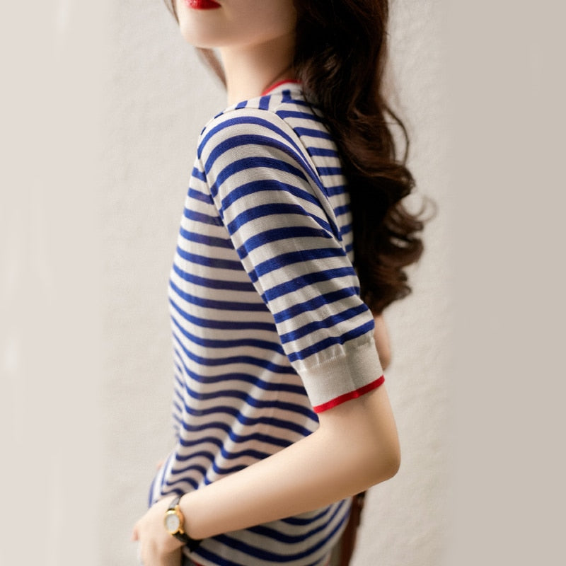 Loose Knit Women T Shirt Summer Striped Casual O Neck Short Sleeve Tees Korean Fashion Simple Ladies Tops Tshirt Blue