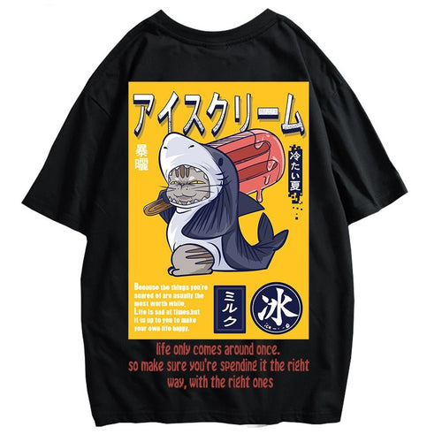 Load image into Gallery viewer, Ice cream summer shark cat print short-sleeved T-shirt Japanese hip-hop designer original Harajuku Punk Short Sleeves T-shirts
