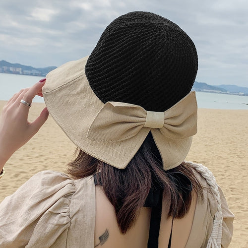 Load image into Gallery viewer, Woman Summer Hats With Visor Hollow Straw Hat Fashion Bow Design Sun Hat Travel Mesh Bucket Hat
