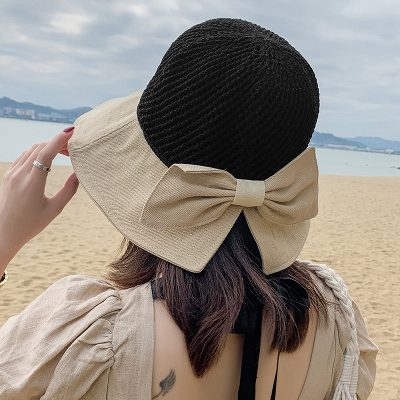 Woman Summer Hats With Visor Hollow Straw Hat Fashion Bow Design Sun Hat Travel Mesh Bucket Hat