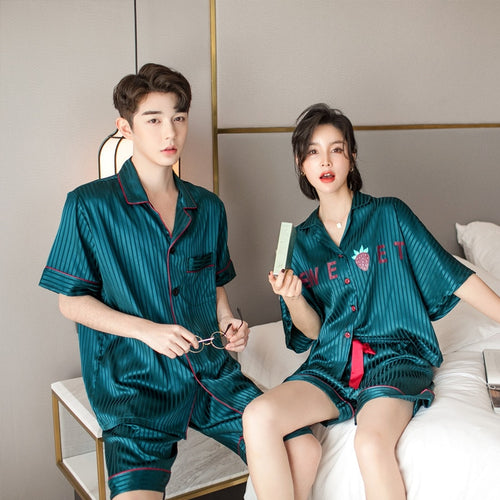 Load image into Gallery viewer, Summer Women&#39;s Pajamas Set Fashion Letter Pattern Short Sleeve Couple Sleepwear for Men Silk Like Leisure Home Clothes Nightwear
