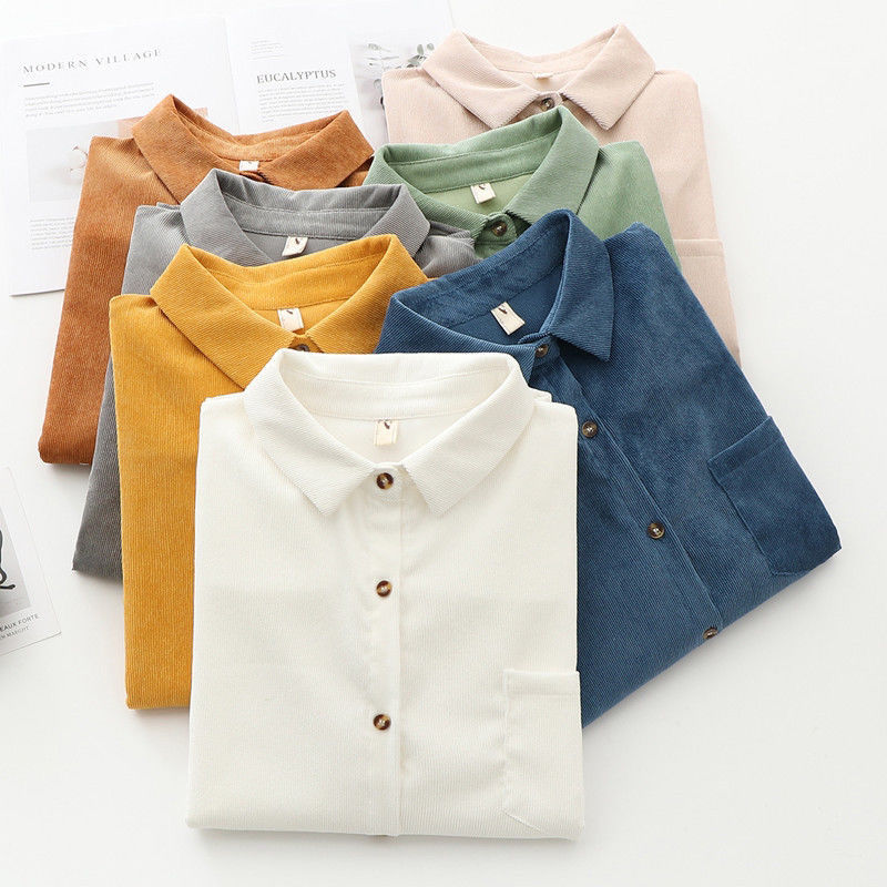 Corduroy Women Shirts Tunic Vintage Button Up Women Tops  New Long Sleeve Solid Loose White Turn Down Collar Shirts