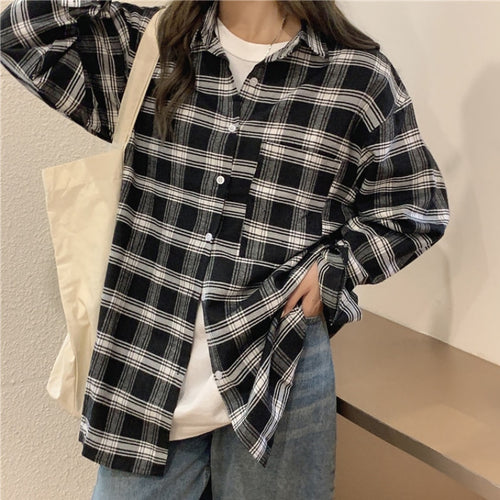 Load image into Gallery viewer, Vintage Plaid Women Shirt Autumn Large Size Long Sleeve Oversize Shirts Casual Loose Fall Korean Button Up Tops
