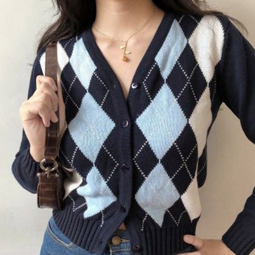 Load image into Gallery viewer, Argyle Women Cardigan Vintage Autumn Knit Short Sweater Long Sleeve England Fashion Casual Female Outwear
