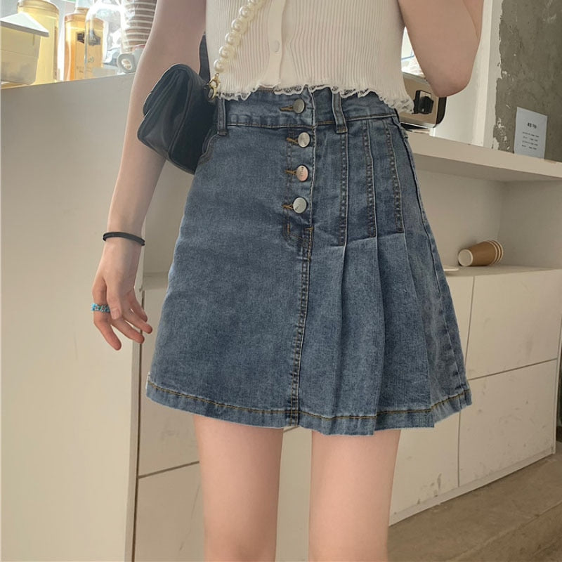 Pleated Women Denim Skirt Korean High Waist Lined Jeans Mini Skirt Fashion A Line Black Female Button Cotton Skirts