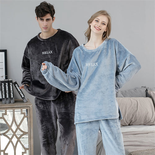 Load image into Gallery viewer, Women&#39;s Pajamas Set Thick Flannel Sleepwear Casual Warm Winter Coral Fleece Men Homewear Couple Homesuit пижама женская
