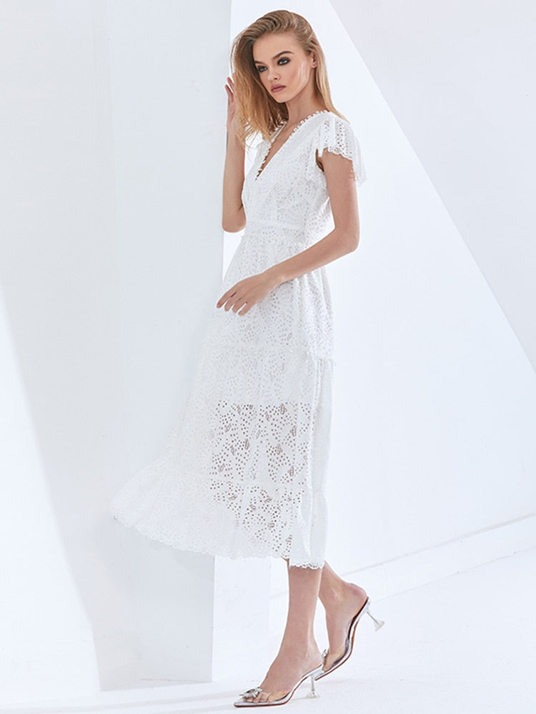 White Hollow Out Elegant Long Dress For Women V Neck Short Sleeve High Waist Ruffle Trim Spring Dresses Female