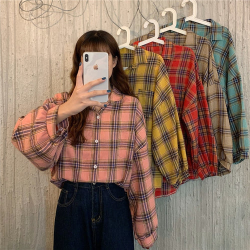 Load image into Gallery viewer, Plaid Women Shirt Loose Spring Long Sleeve Harajuku Korean Loose Ladies Blouse Casual Turn Down Collar Cotton Vintage Tops
