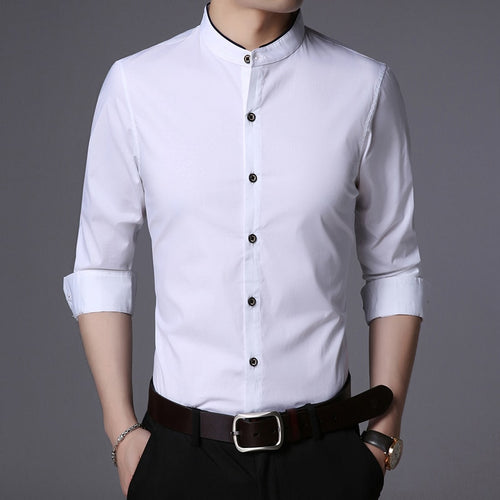 Load image into Gallery viewer, Fashion Shirt Men Mandarin Collar Long Sleeve Regular Fit Cotton Autumn Black Korean Dress Shirt Casual Men Clothes
