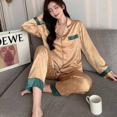 Load image into Gallery viewer, Women&#39;s Pajamas Set Fashion Sweet Heart Print Sleepwear Silk Like Nightie Leisure Home Clothes Nightwear Pyjamas Femme
