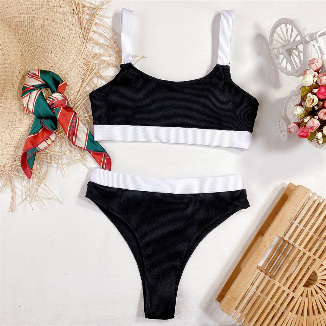 Splicing Ribbed High Waist Bikini Female Swimsuit Women Swimwear Two-pieces Bikini set Bather Bathing Suit Swim V2329B