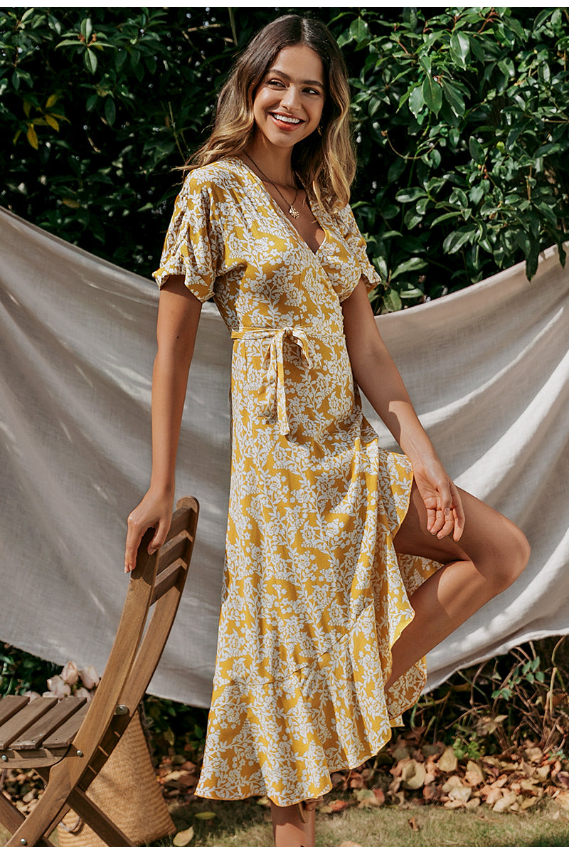 V-Neck Printed Boho Chic Summer Ruffled Short Sleeve Dress-women-wanahavit-Yellow-S-wanahavit