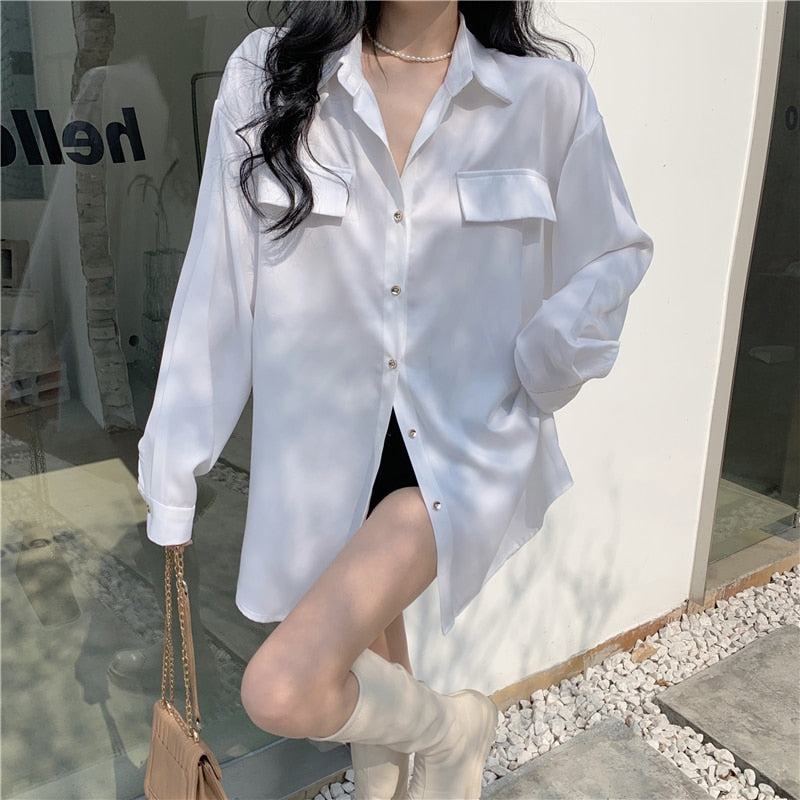 Fashion Chain Women Shirt Designed Spring Long Sleeve White Tunic Office Ladies Shirts High Waist Satin elegant tops