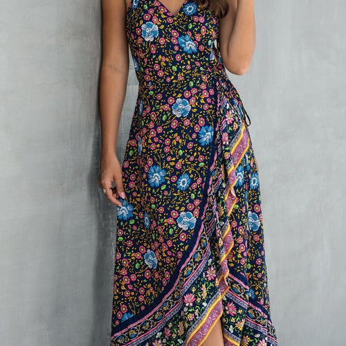 Load image into Gallery viewer, Ruffle Sleeveless Floral Print Wrap High Waist Strap Summer Maxi Boho Dress-women-wanahavit-Navy Blue-S-wanahavit
