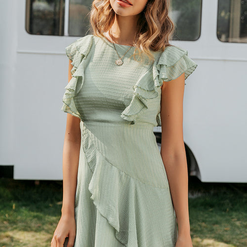 Load image into Gallery viewer, Ruffled O-Neck Sleeveless Casual A-Line Female High Waist Dress-women-wanahavit-Green-S-wanahavit
