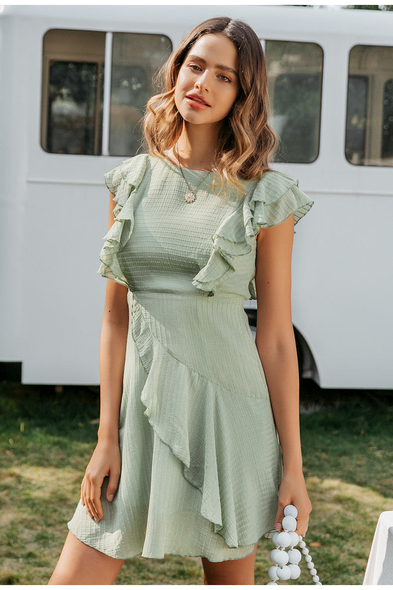 Ruffled O-Neck Sleeveless Casual A-Line Female High Waist Dress-women-wanahavit-Green-S-wanahavit