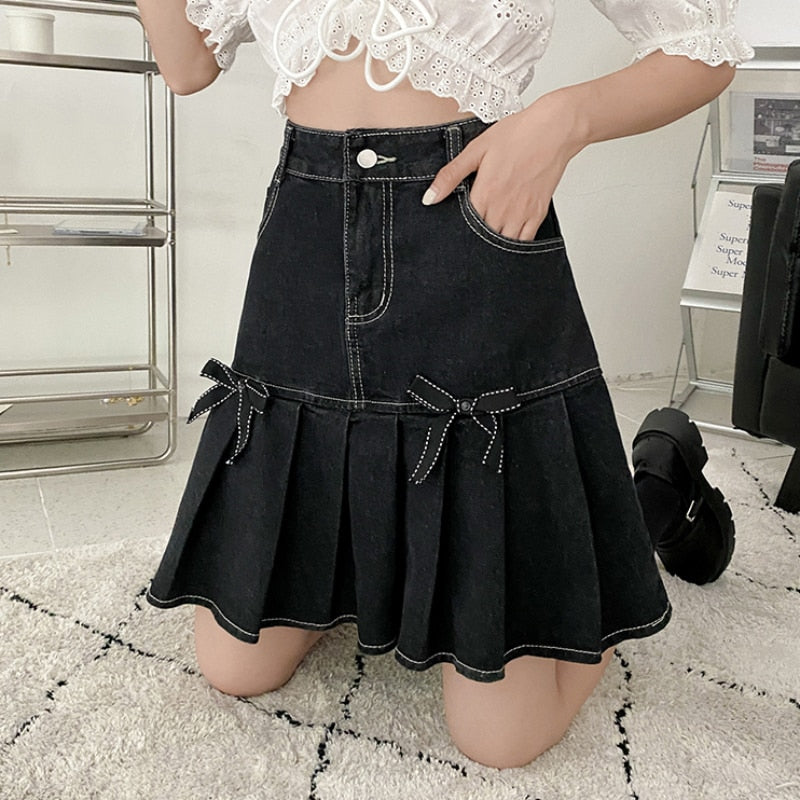 Denim Women Pleated Skirt High Waist Summer Black Bow A Line Mini Skirt Vintage Harajuku Casual Pocket Jeans Girls Skirt
