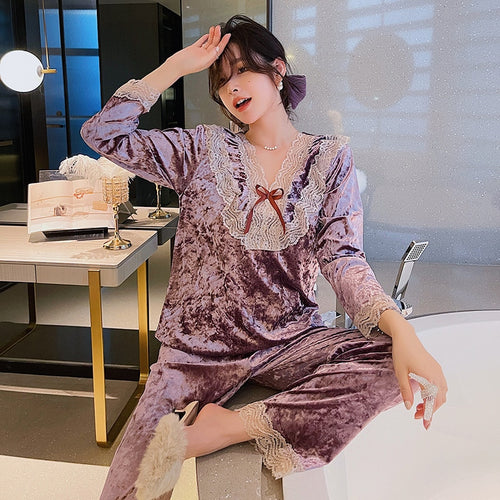 Load image into Gallery viewer, Women&#39;s Pajamas Set Sweet Style Velvet Sleepwear Casual Lace Bow Homewear V Neck Nightwear Pyjamas Femme
