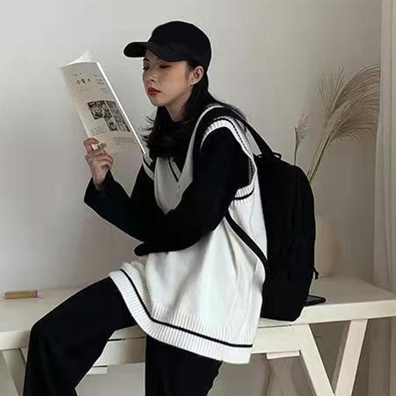 Autumn Simple All Match Vest Women V Neck Black Knitted Sweater Sleeveless Student Tanks Korean Fashion White Waistcoat