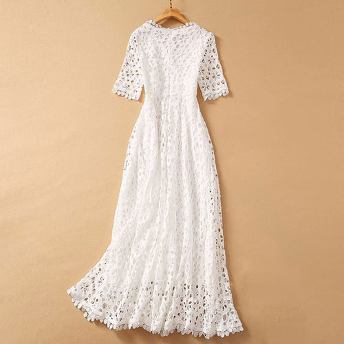 Load image into Gallery viewer, Hollow Out Embroidery Dress For Women V Neck Half Sleeve High Waist Elegant Dresses Female Fashion Clothing
