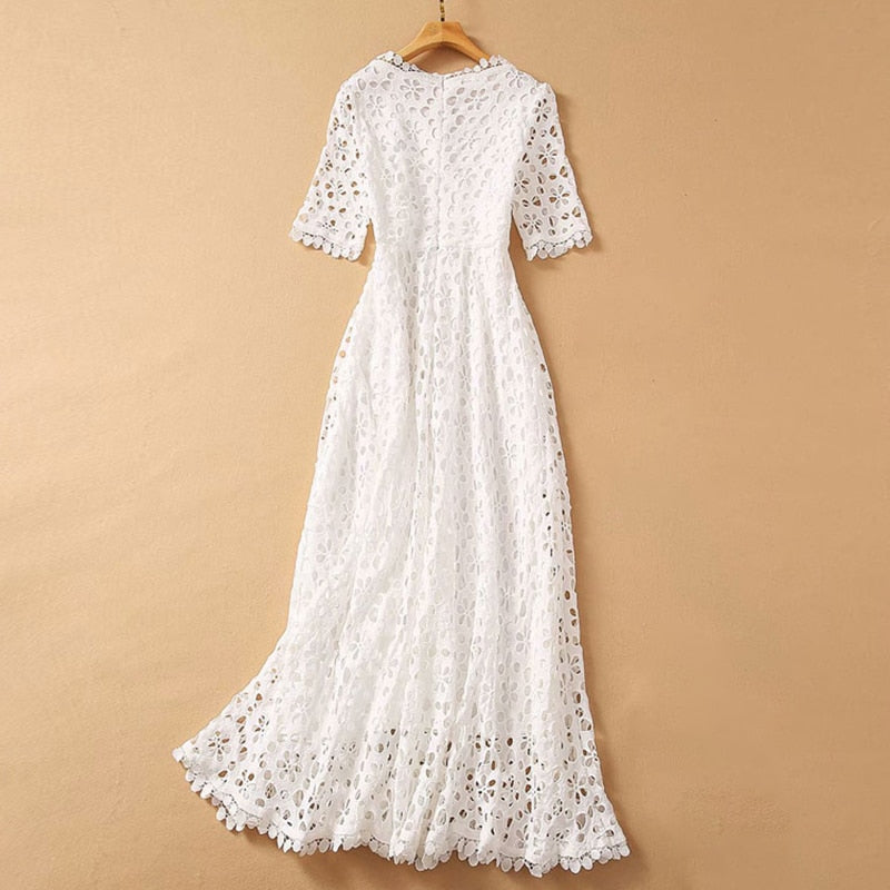 Hollow Out Embroidery Dress For Women V Neck Half Sleeve High Waist Elegant Dresses Female Fashion Clothing