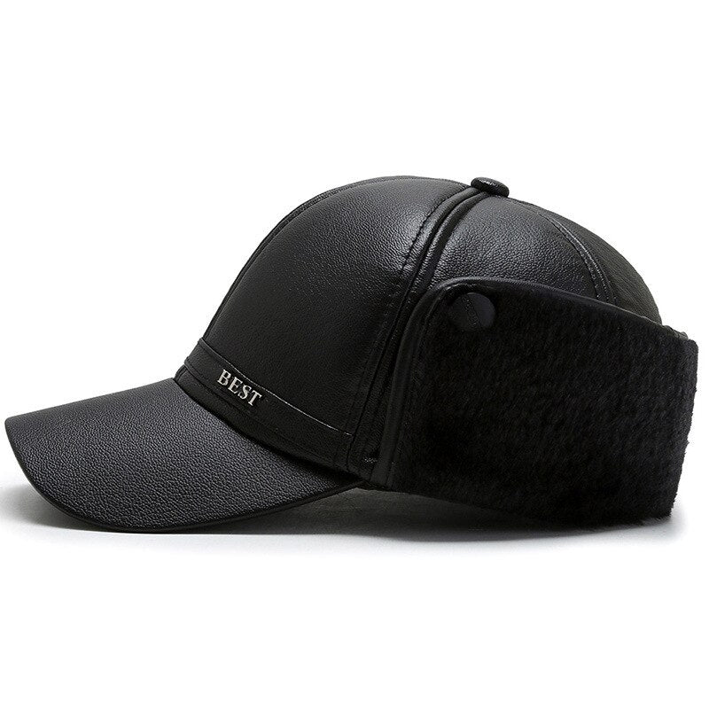 Black Pu Leather Baseball Cap Men's Winter Snapback Hat Earflaps Warm Baseball Caps Casquette Homme Dad Hat