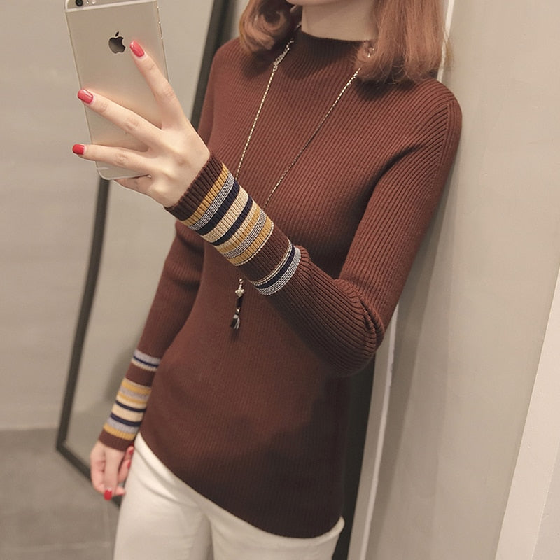 Striped Women Pullover Sweater Fashion Knitted Autumn Female Jumper Casual Korean Half Turtlenck Slim Ladies Base Blouse