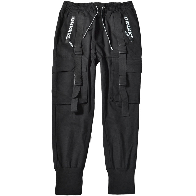 Men Hip Hop Harem Pants Spring Streetwear Elastic Waist Trousers Joggers Multi-pocket Ribbons Black Men's Clothing WB548