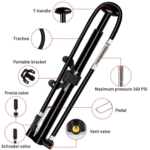 Load image into Gallery viewer, 160PSI Bicycle Pump With Long Hose Gauge Cycling Air Inflator Schrader Presta Valve MTB Road Bike Tire Alloy Pump
