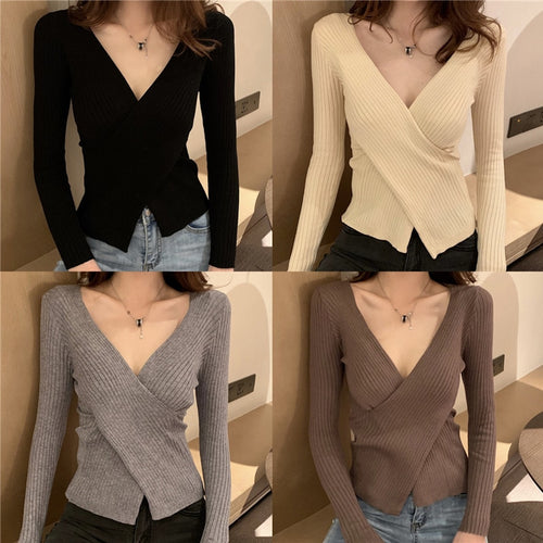 Load image into Gallery viewer, Knitted Full Women Sweater Long Sleeve Fashion Crossed V Neck Jumper Causal Sexy Autumn Slim Pullover Ladies Basic Top
