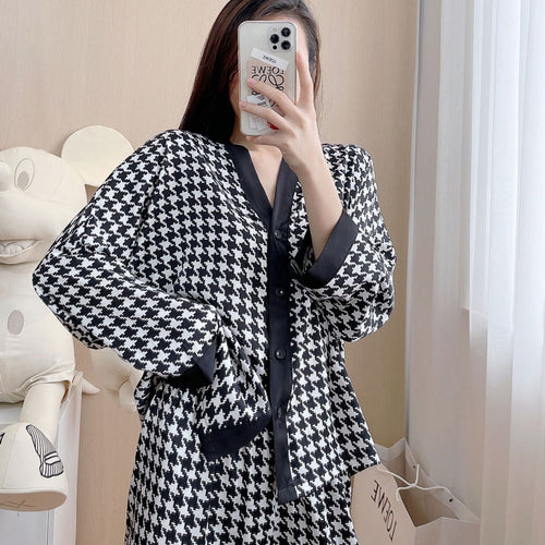 Load image into Gallery viewer, Autumn Women&#39;s Pajamas Houndstooth Sleepwear Fashion Style Silk Like Nightwear Casual V-neck Homewear Pyjamas Femme
