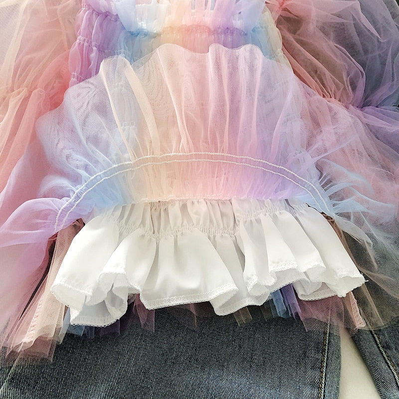 Sweet Japan Women Blouse Summer Fashion Puff Sleeve Cute Ladies Rainbow Short Tops Casual Mesh Tunic Blouse