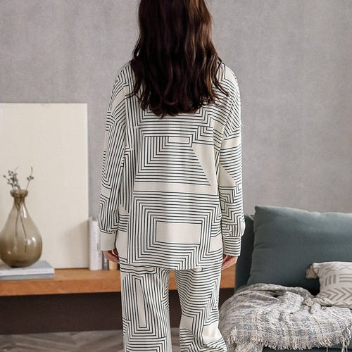 Load image into Gallery viewer, Autumn Women&#39;s Pajamas Set High Quality Bohemian Stripes Print Sleepwear V Neck Cotton Homewear Nightwear Pyjamas Femme
