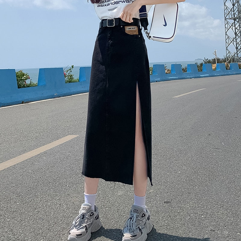High Waist Women Denim Skirt Split Fashion A Line Streetwear Jeans Long Skirt Korean Black Summer Causal Ladies Faldas