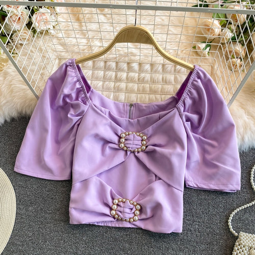 Load image into Gallery viewer, Summer Women Blouse Elegant Square Collar White Beading Pearl Buttons Bow High Waist Puff Sleeve Office Ladies Tops Korean
