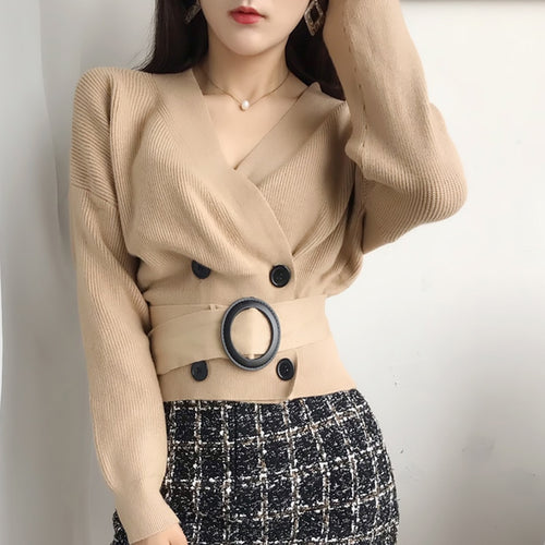 Load image into Gallery viewer, Sexy V-neck Women Knit Sweater Cardigan Autumn Cardigan Long Sleeve Tunic Double Breasted Female Top Casual Korean Sweater
