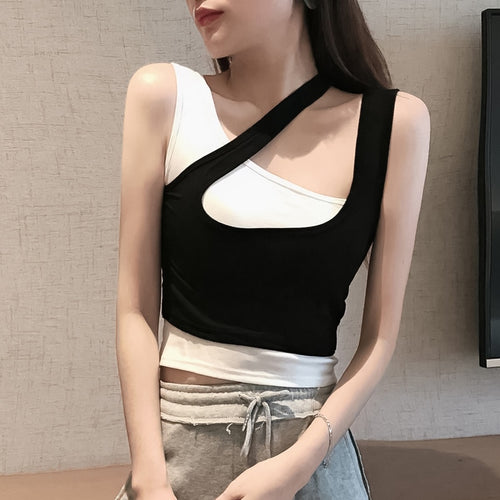 Load image into Gallery viewer, Fashion Patchwork Women Tanks Summer Sexy Elastic Slim Ladies Crop Tops Korean Casual Office Cute Black Female Tanks Top
