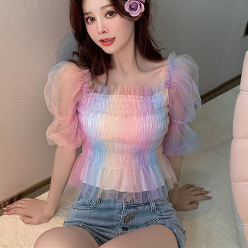 Load image into Gallery viewer, Cute Women Mesh Blouse Summer Puff Sleeve Fashion Rainbow Designed Slim Japan Crop Tops Casual Slim Ladies Blusas
