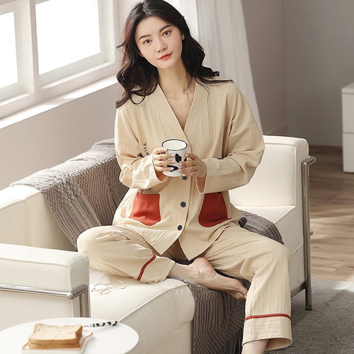 Load image into Gallery viewer, Autumn Women&#39;s Pajamas Set High Quality Pit Stripes Sleepwear V Neck Cotton Nightie Homewear Nightwear Pyjamas Femme
