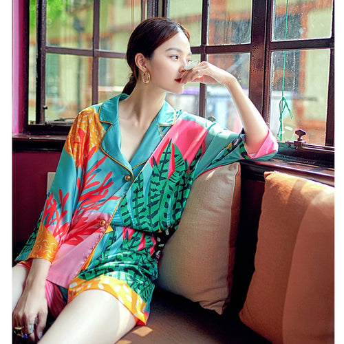 Load image into Gallery viewer, Women Pajama Set Hand Drawn Art Tropical Plants Pyjama Set Silk Like Nightwear Shorts Home Wear Clothes Sleepwear Homewear
