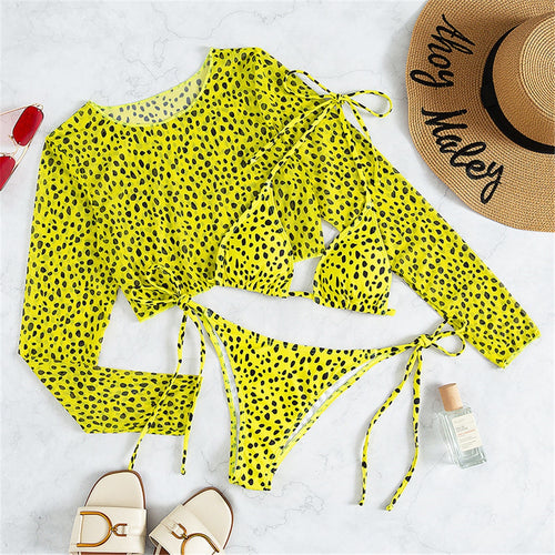 Load image into Gallery viewer, Leopard Printed Bikini Women Swimwear Female Swimsuit Three-pieces Bikini set Long Sleeve Bather Bathing Suit Swim V3193
