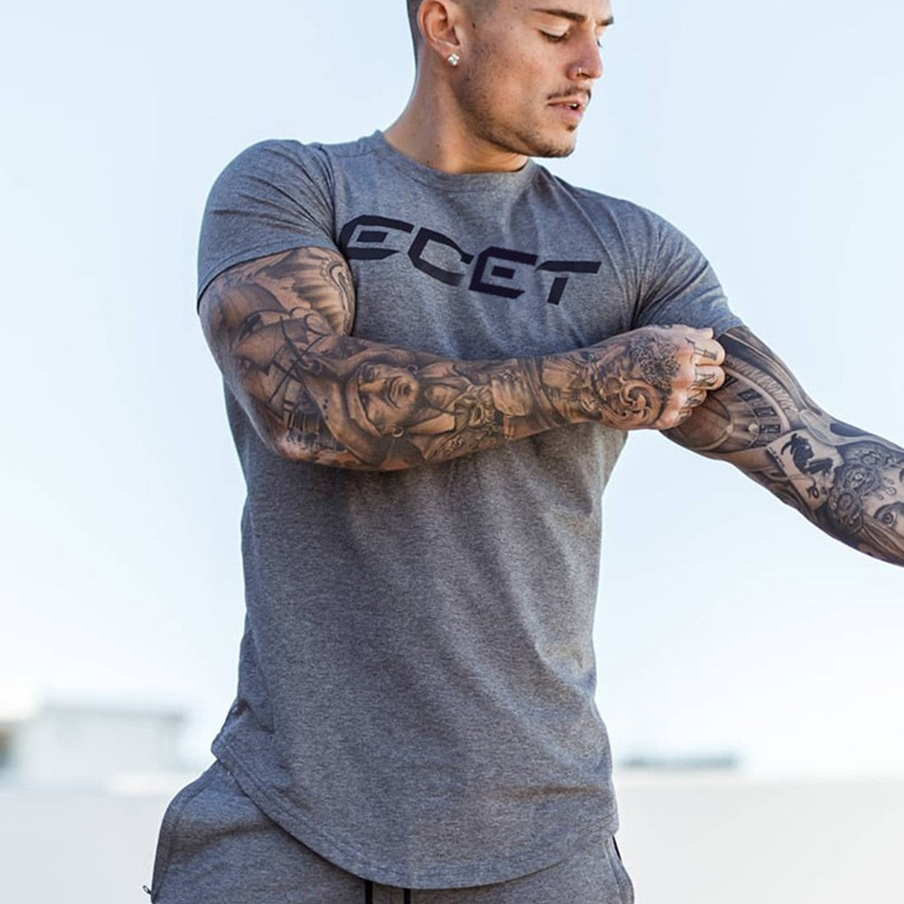 Men Short Sleeve T-shirt Summer Gym Fitness Bodybuilding Skinny  Shirt Male Workout Gray Tees Tops Casual Print Fashion Clothing