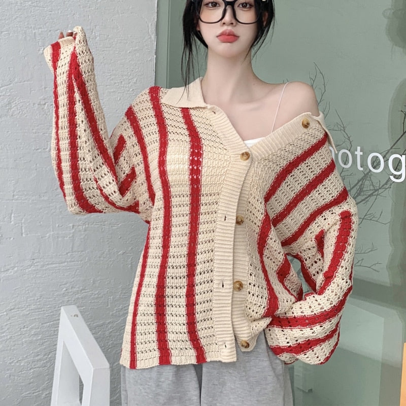 Fashion Striped Women Knitted Cardigan Sexy Hollow Winter Sweater Coats Turn Down Collar Thick Button Up Female Cute Jacket