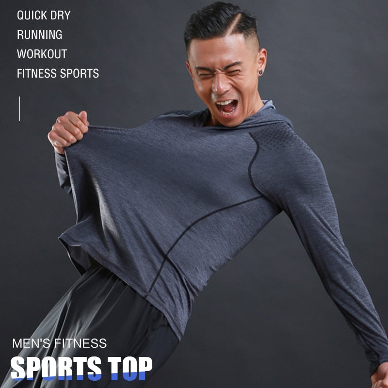 Men's Running Undershirt Gym Fitness Tight Hoodie Soccer Training T-Shirt Jogging Hooded Quick Dry Breathable Sports Clothing