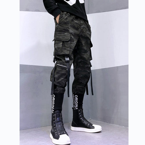 Load image into Gallery viewer, Camouflage Tactical Functional Cargo Pants Joggers Men Ribbons Multi-pocket Trousers Hip Hop Streetwear Harem Pant Black WB236
