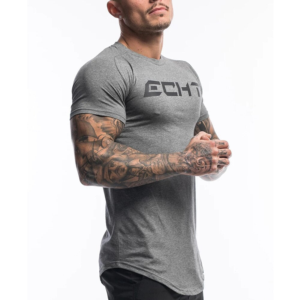 Men Short Sleeve T-shirt Summer Gym Fitness Bodybuilding Skinny  Shirt Male Workout Gray Tees Tops Casual Print Fashion Clothing