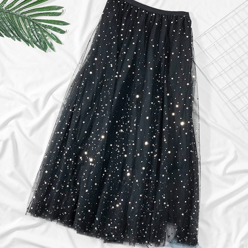 Elegant Korean Women Tulle Skirt Fashion Sequin Star Summer Mesh Ladies Long Skirt Elastic High Waist Party White Skirt