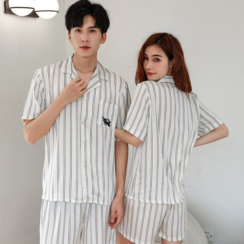 Load image into Gallery viewer, Women&#39;s Pajamas Set Luxury Fashion Stripes Sleepwear Couple Nightwear Silk Like Female Male Home Clothes Suit for Men
