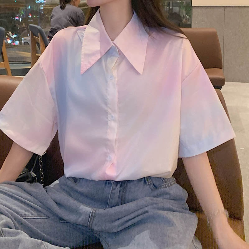 Harajuku Tie Dye Women Shirts Summer Short Sleeve Loose Chic Girls Button Up Korean Long Shirt Streetwear Fashion Tops