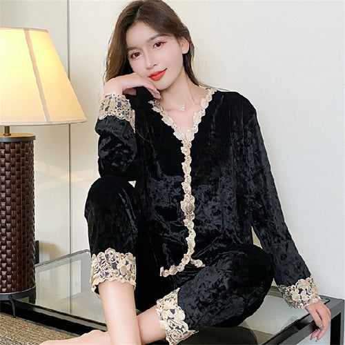 Load image into Gallery viewer, High Quality Women&#39;s Pajamas Set Velvet Sleepwear Casual Homewear Lace V Neck Nightwear Plus Size Nightie пижама женская
